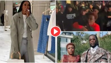 Tiwa Savage Goes On Her Knees As To Greets Burna Boy’s Mom At Concert In Manchester, Gets Cute Peck From Her (Video)