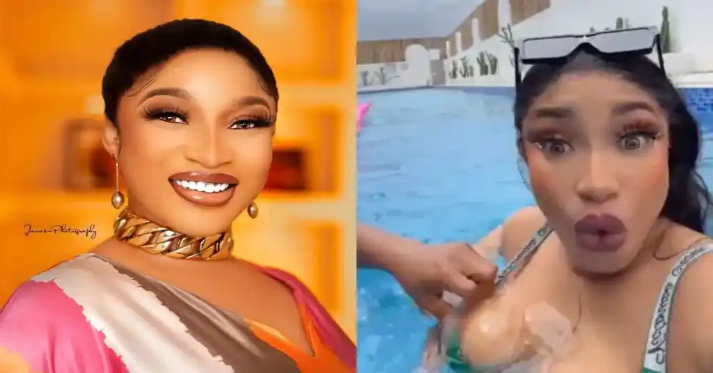 “Wetin I see Just Now” – Viral Video Shows Moment Tonto Dikeh Mistakenly Exposed Her Nlpples Inside A Pool (watch)