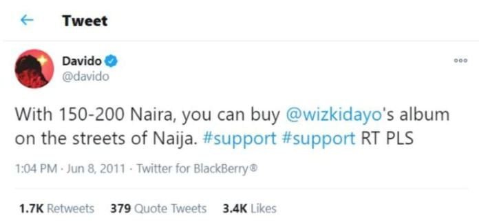 Davido’s Tweet From 2011 Asking People To Buy Wizkid’s Album