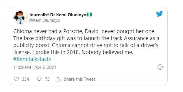“Davido Never Bought Chioma A Porsche, It Was A Fake Gift” – Kemi Olunloyo Reveals