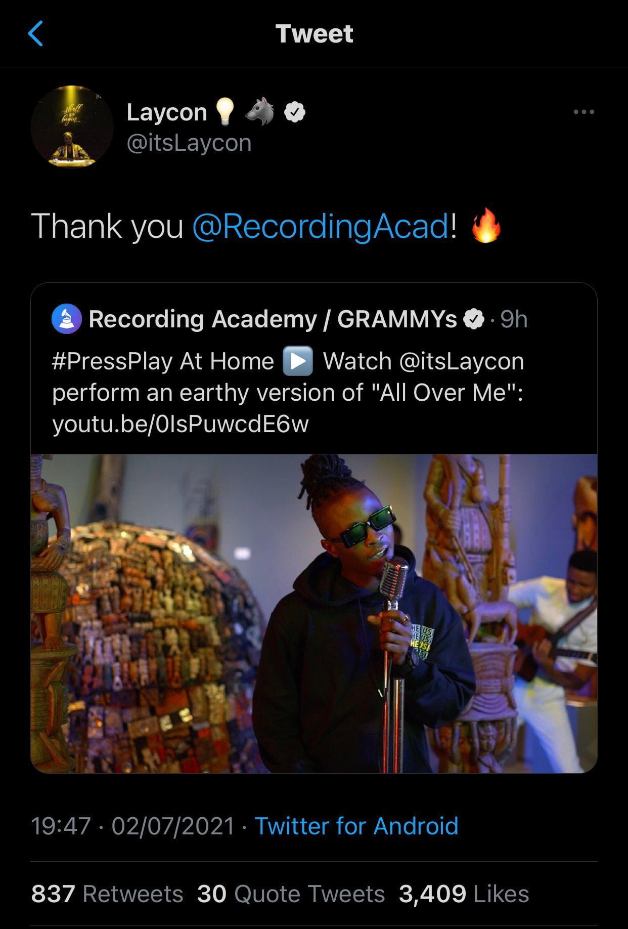 Nigerians Celebrate Laycon's Performance At Grammy Recording Academic