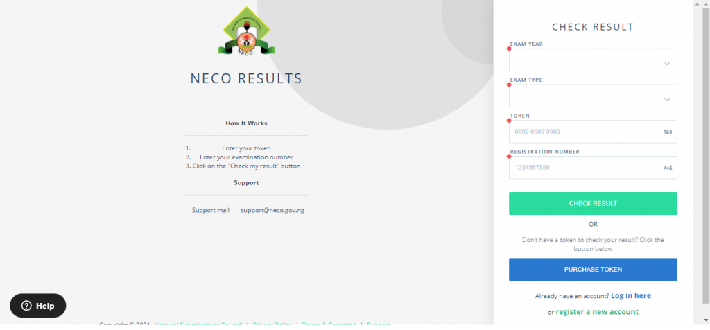 Neco Result Home Page