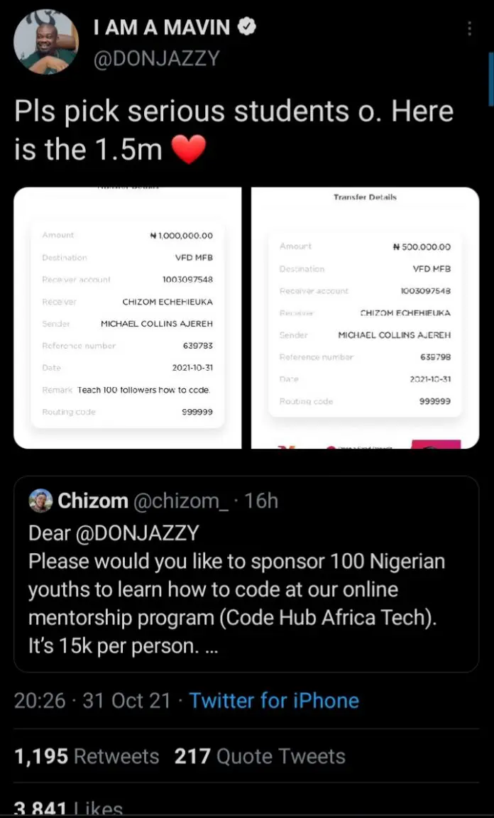 Just In: Don Jazzy Donates 1.5 Million N for Empowerment of 100 Youth