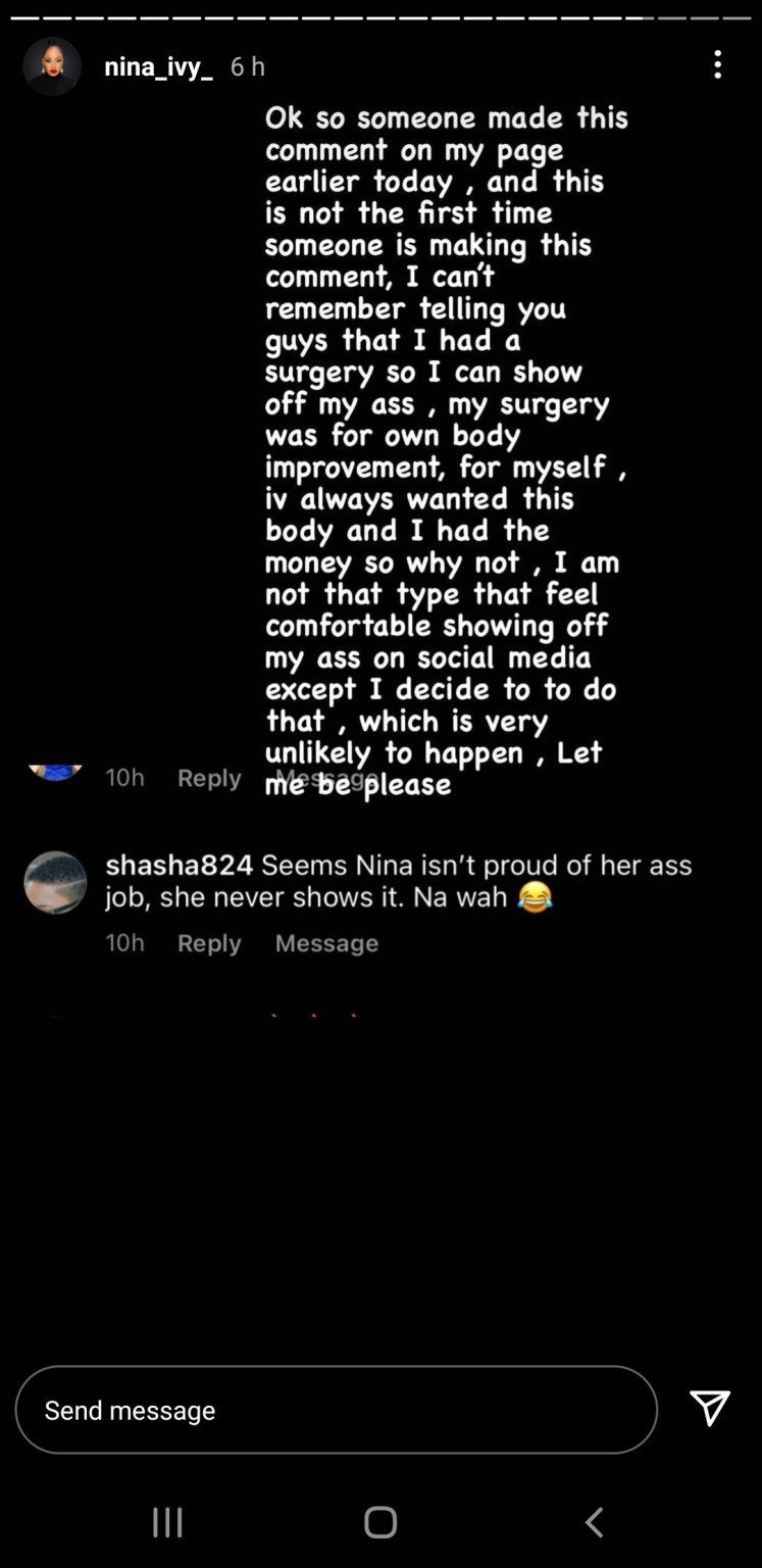 BBNaija Star, Nina responds to troll who said she is ashamed to show off her recently acquired BumBum