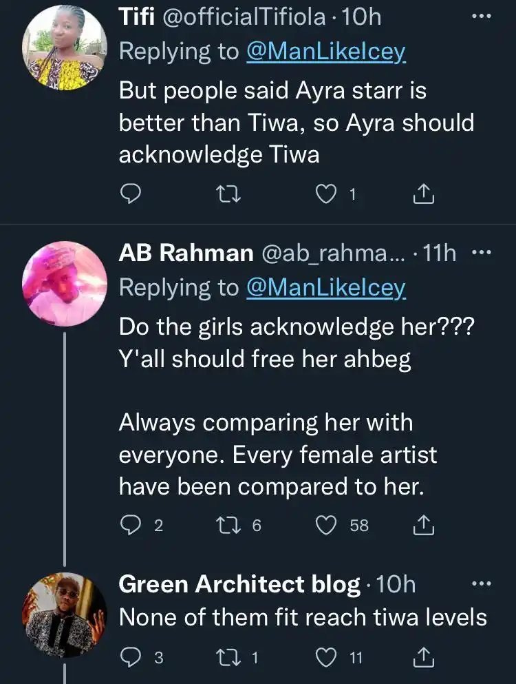 “Tiwa Savage never acknowleged Tems & Ayra Starr” – Fan questions singer on support for women (See Reactions)