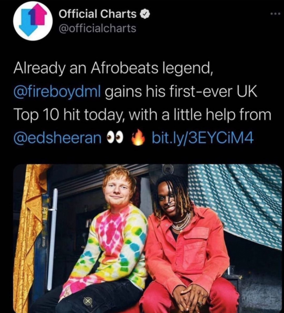 Fireboy DML debuts on UK Top 10 Chart with the help of "Peru" song featuring ED Sheeran