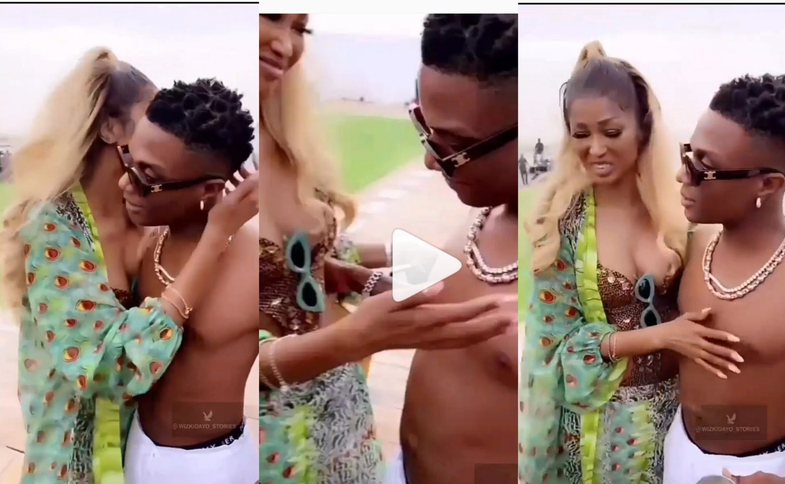 Romantic moment female fan takes advantage of hugging Wizkid at a beach party (VIDEO)