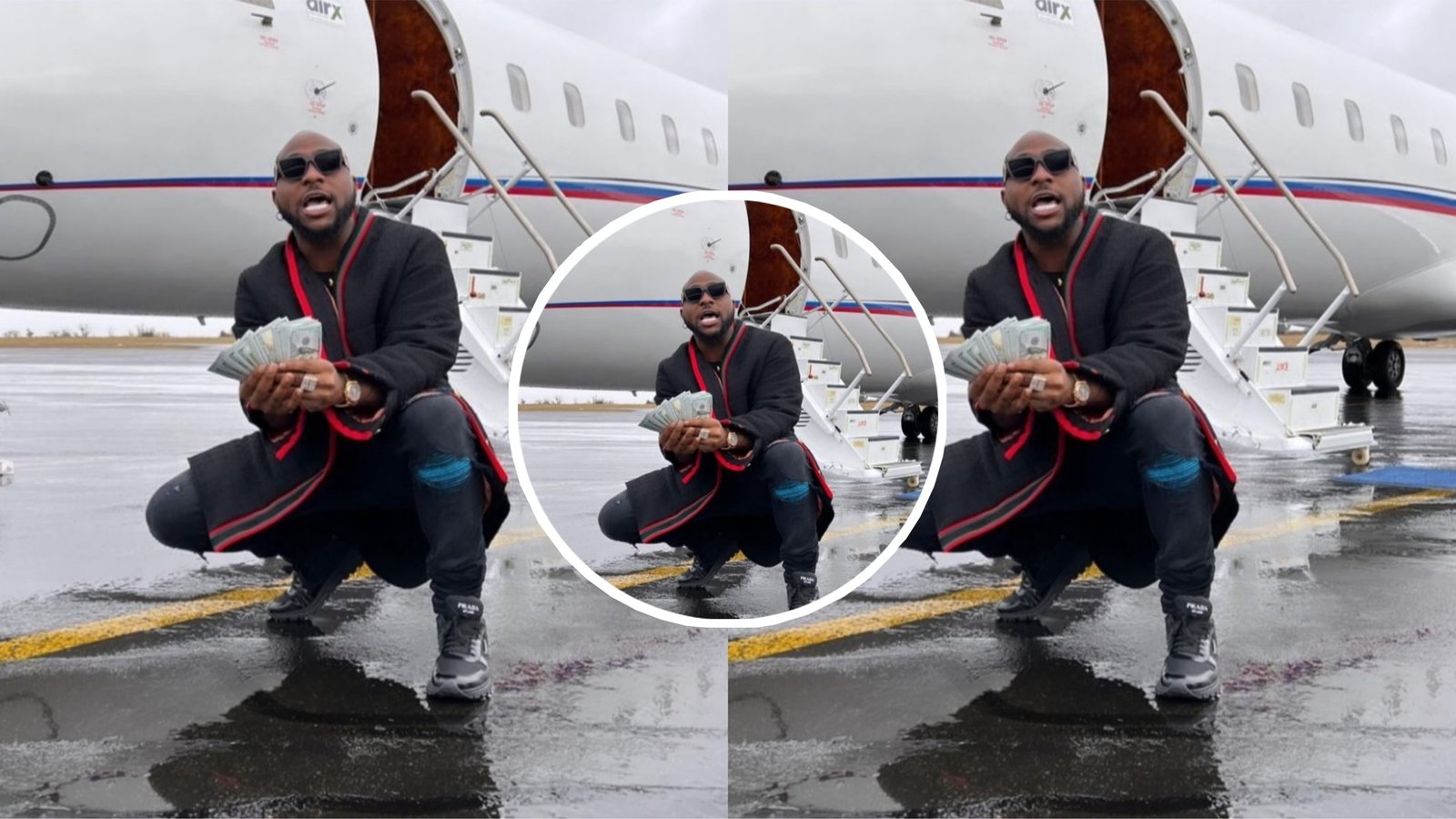 “Send us money OBO” – Fans begs Davido after dropping a Photo Posing with Dollars beside his private jet in Paris