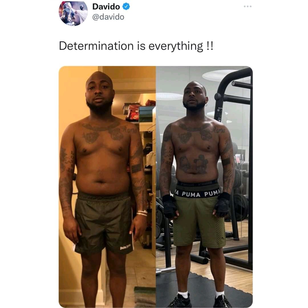 "Determination is everything" – Singer, Davido motivates fans shares his before and after photos of his workout journey