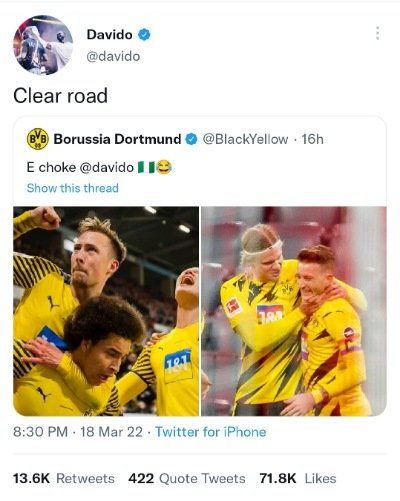 Davido reacts as Bundesliga Club, Borussia Dortmund uses his popular slang “E choke” to celebrate victory (WATCH)