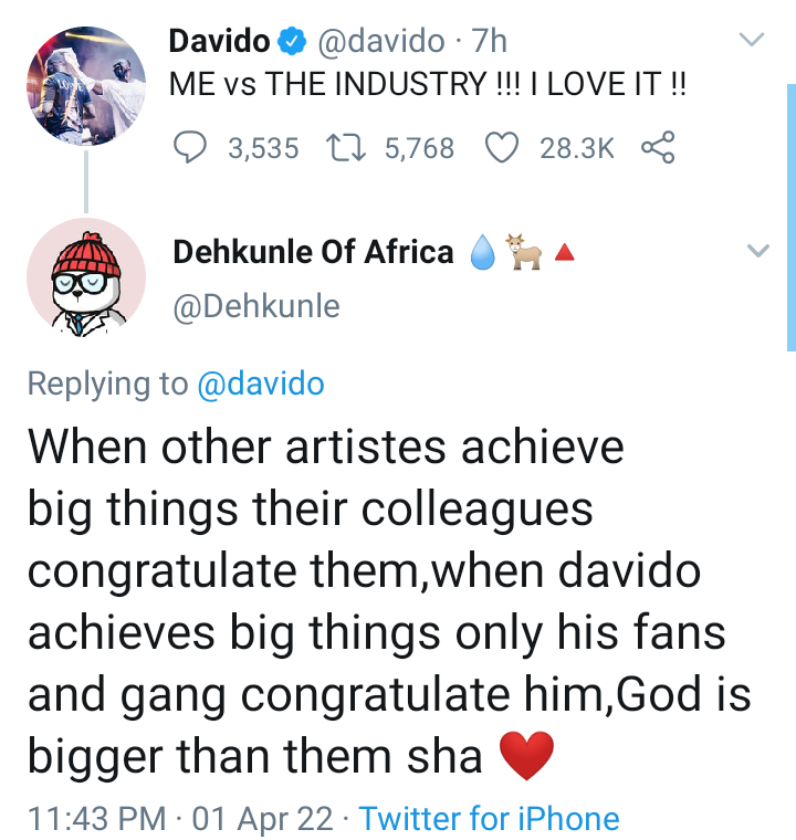 “Its Me vs the industry” – Davido reacts as fans suggest his colleagues never congratulate him whenever he’s winning