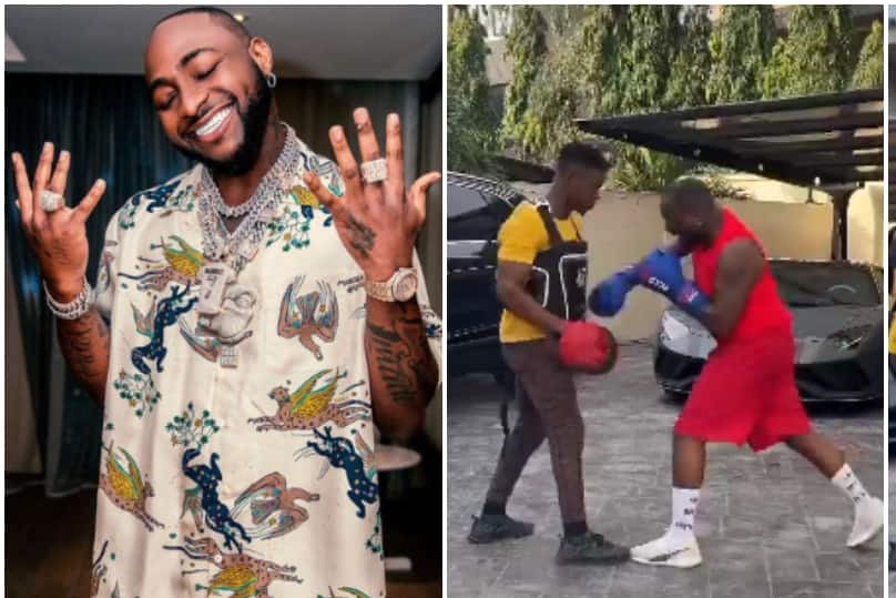 “Easy o OBO” – Davido throws hard punches, matches trainer's energy during boxing session