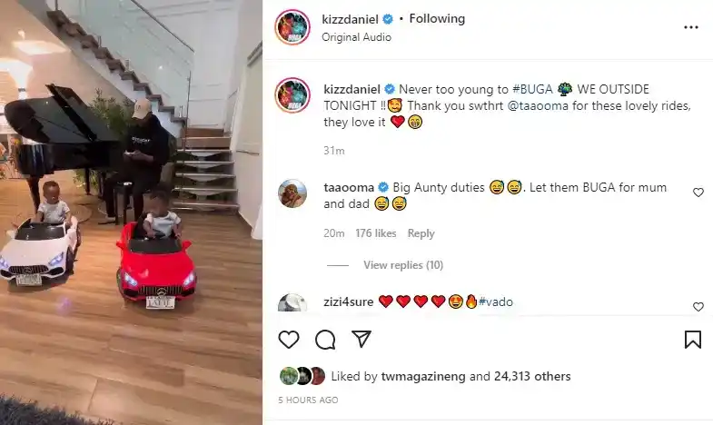 "Big Aunty duties", Kizz Daniel praises Comedian Taaoma as she gifts his twin babies, brand new cars