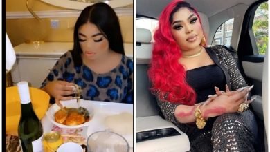 “Mama of Lagos, This is so dirty & unhygienic” – Bobrisky receive knocks for using long nails to eat swallow (WATCH)