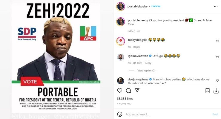 “Zazoo for youths" – Reactions as Portable declares to be Nigeria next president, shares campaign poster