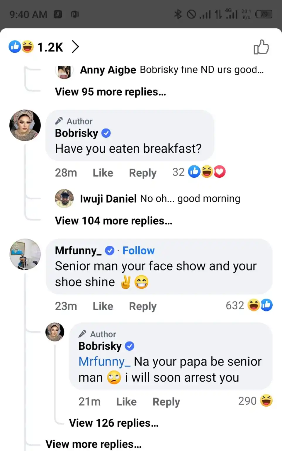 Bobrisky threatens to arrest comedian Mr Funny (Oga Sabinus) for calling her "Senior Man" – See comment exchange