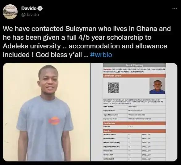 Davido offers a 4/5 year Scholarship to a Ghanaian student who got A1 parallel in his WAEC